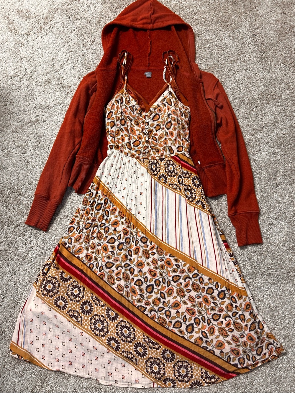 Below-the-Knee Boho Dress with Matching Bralette and Zip-Up Hoodie